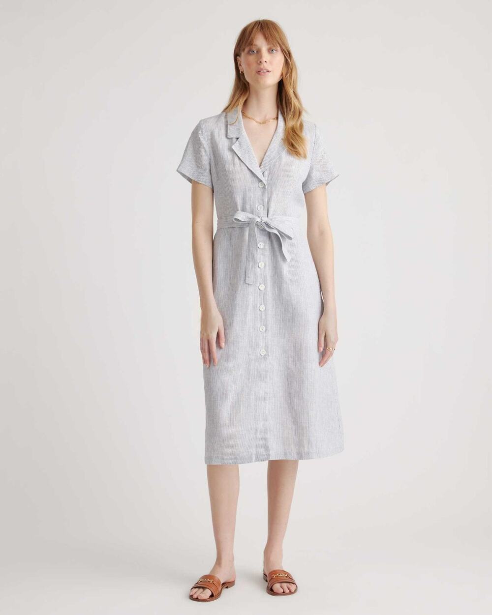 Quince 100% European Linen Button Front Dress Blue Pinstripe Medium New